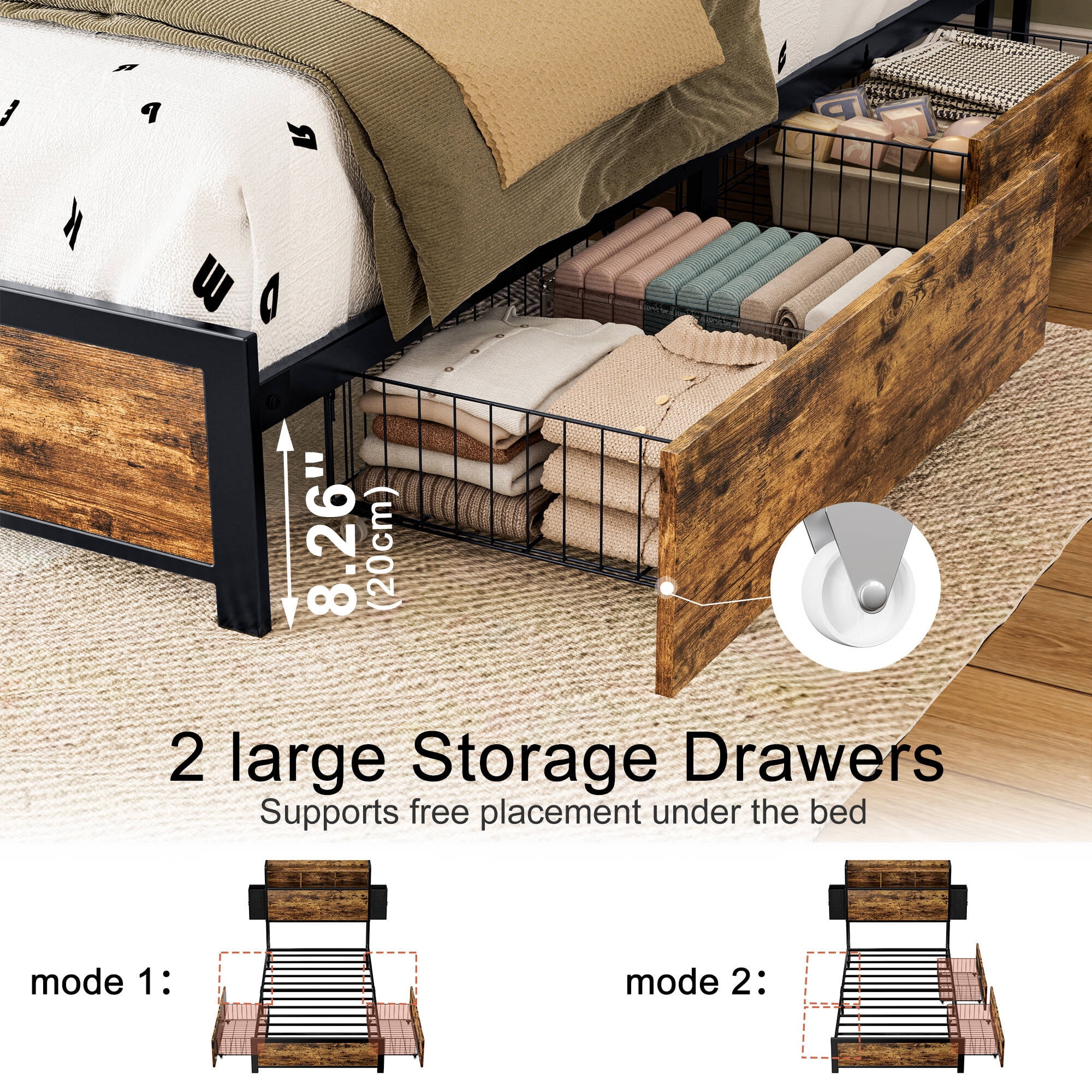 GUNAITO Twin Bed Frame with 2 Drawers Platform Bed Frame with with LED Lights&Charging Station Rustic Brown