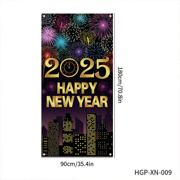 Banner de feliz año nuevo 2025, telón de fondo de año nuevo, diseño de reloj de cuenta regresiva vertical negro y dorado, decoraciones de víspera de año nuevo