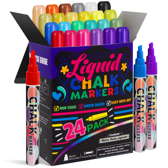 Xueyu Chalk Markers, 24 Colors Liquid Chalk Markers, Dry Erase Marker for Chalkboard, Signs, Windows, Blackboard, Glass, Mirrors, Reversible Tip(Multicolored, 6mm)