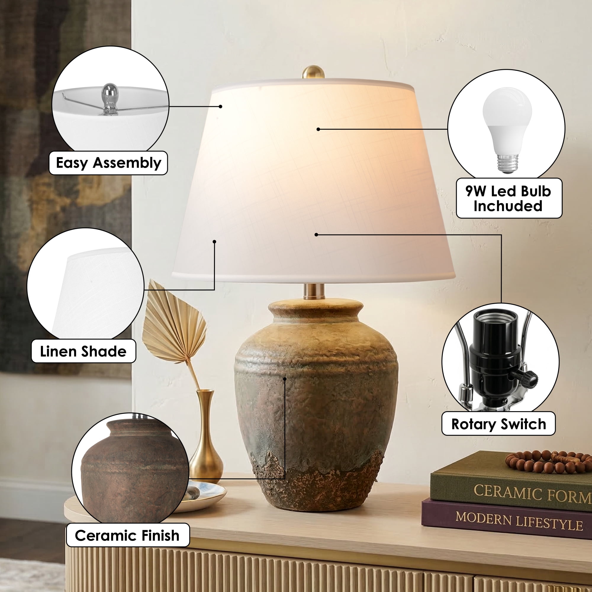 22in Rustic Ceramic Jar Table Lamp, Farmhouse Bedside Lamp, Vintage Textured Finish for Bedroom, Living Room, Office