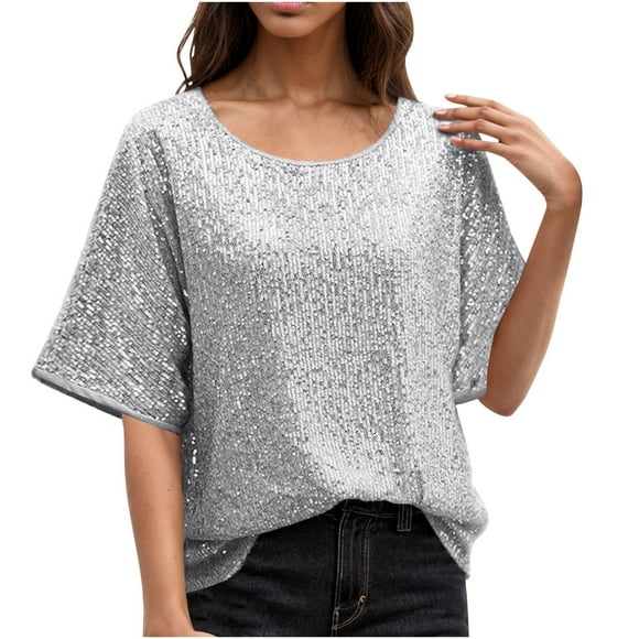 yoeyez Women's Sequin Tops 3/4 Length Sleeve Womens Top V-Neck Cut-out Shiny Blouse Glitter Sparkly Dressy Tops for Evening Party White XL