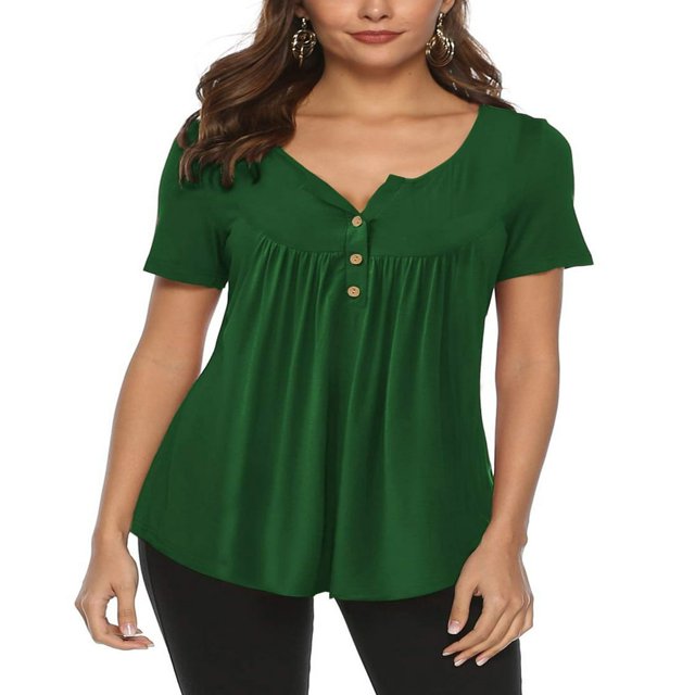 Femmes Été Plus Size Tunic Tops Manches Courtes Blouses Casual Floral Henley Shirts