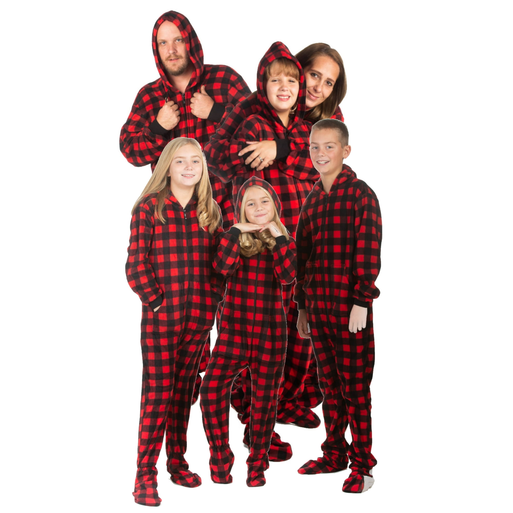 Big Feet Pajamas Hoodie Footed Red Black Buffalo Plaid Fleece Family Matching Pajamas Red