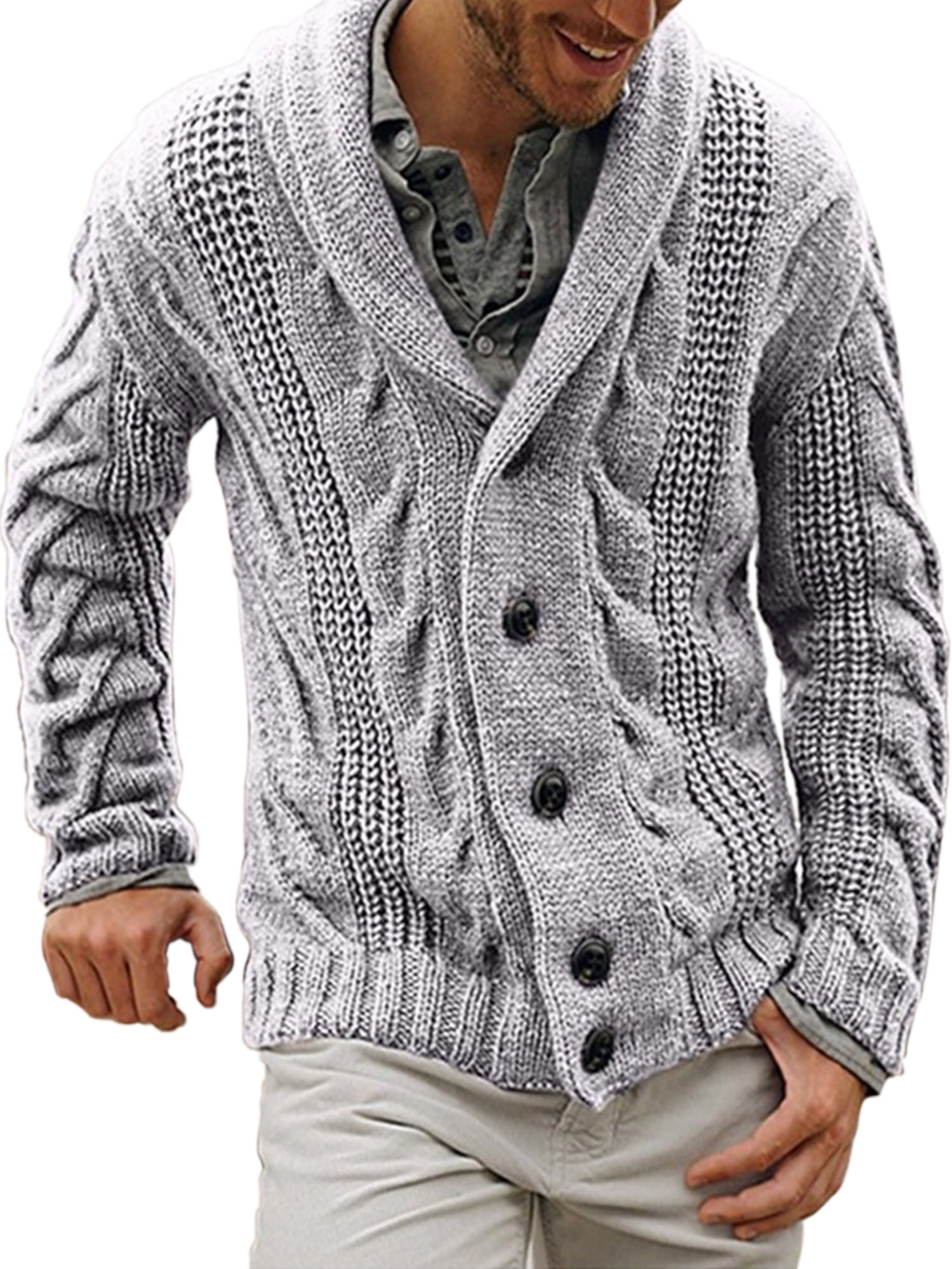 Mens Pull Over Shawl Neck Roll Chunky Wool Feel Smart Casual Jumper Top Knitted 