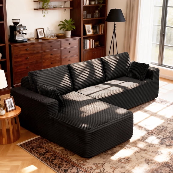 106” Sectional Couch with Chaise, Cloud Boneless Couches Flannel Plush with Deep Seat, L-Shaped Compressed Modular Sofa with Cushions for Living Room, Small Space, Black