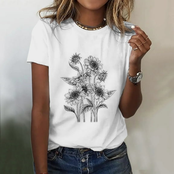 Black Young Adult Tops Womens Simple Casual Printing Comfortable Round Neck Short Sleeve T Shirt Plus Size Tops for Women