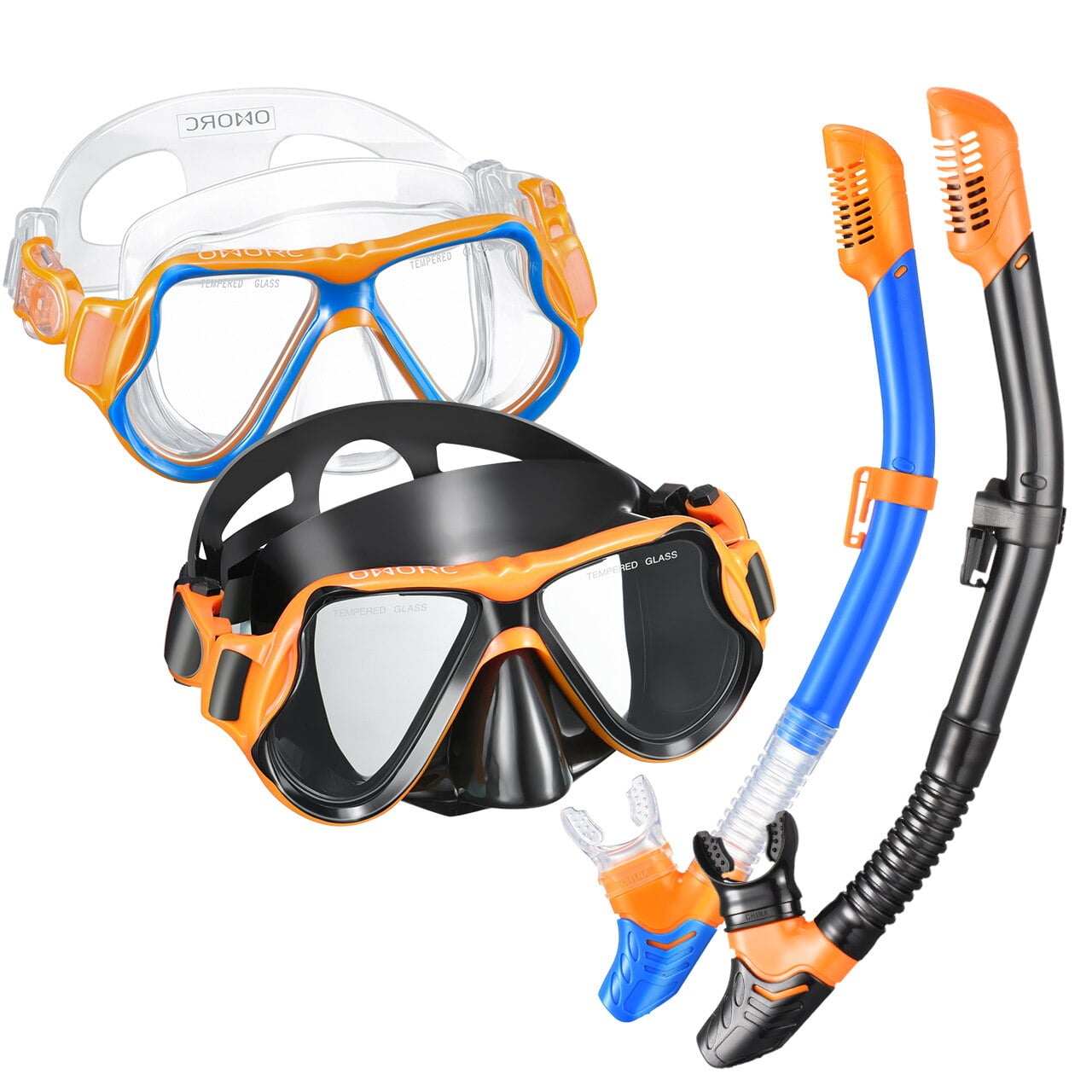 Anti-fog Tempered Glass Panoramic Clear View Scuba Diving Mask & Tube Anti-leak Easy Breathing Snorkeling Gear Adjustable for Adults & Kids OMORC Dry Snorkel Set 