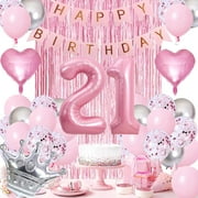 Pink 21st PriNst Decorations for Girl, 21st Pink Decorations Pink Silver Balloons Number Balloons 21, Fringe Curtain, Crown Balloons for Princess Girl Pink 21st Happy Decorations