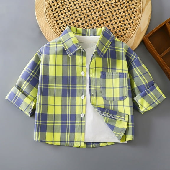 Avtoify Boys Long Sleeve Shirts Fashionable Boys' Casual Button Short Sleeve Checkered T-shirt