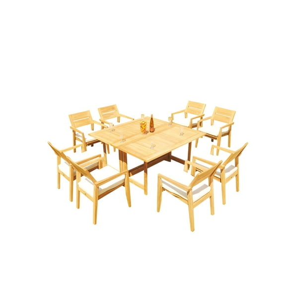 Grade-A Teak Dining Set: 8 Seater 9 Pc: 60" Square Rectangle Butterfly Table And 8 Vellore Stacking Arm Chairs Outdoor Patio WholesaleTeak #51VL1409