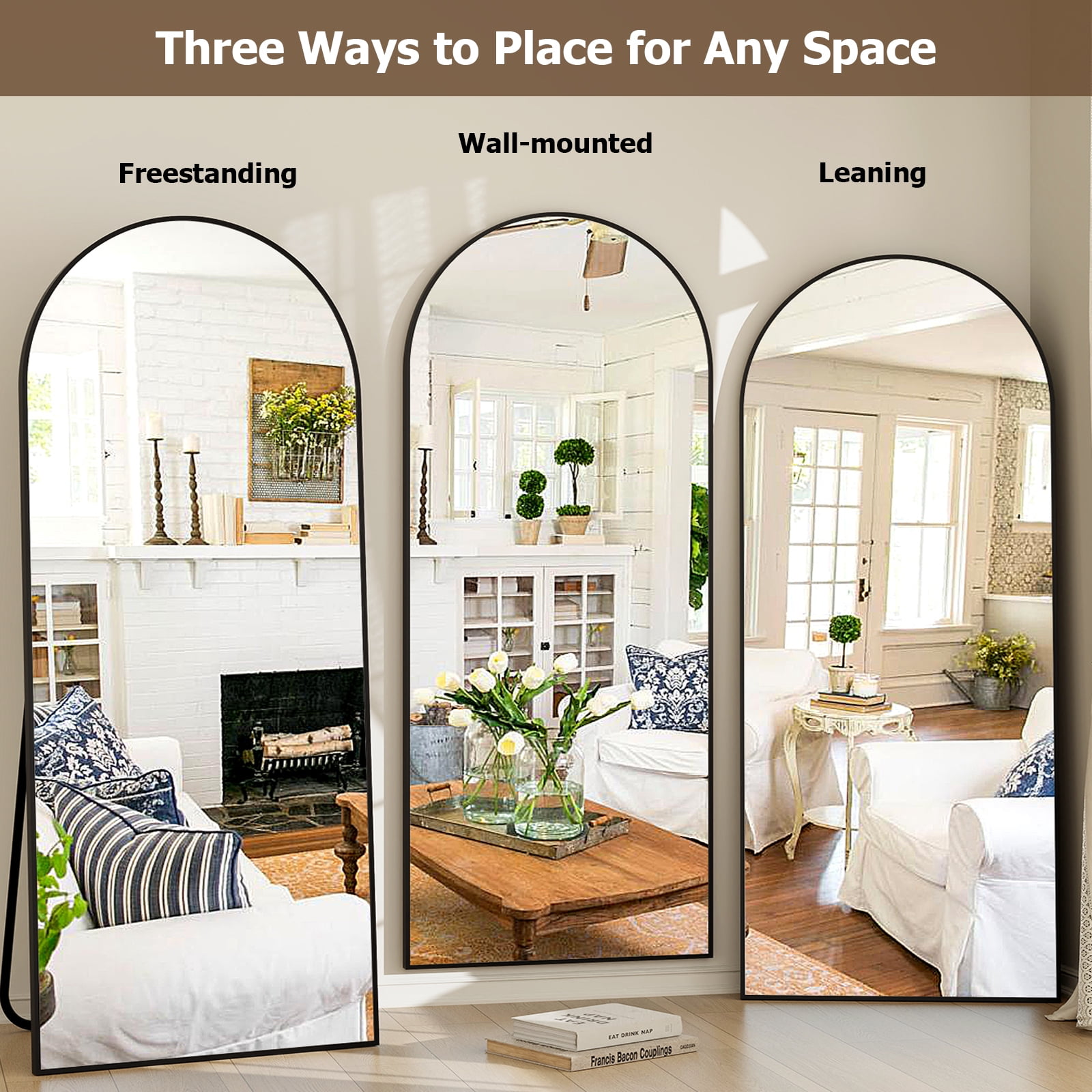 Easy4Home 71"x 30" Arch-Top Floor Mirror Metal Frame Free-Standing & Wall-Mounted, Black