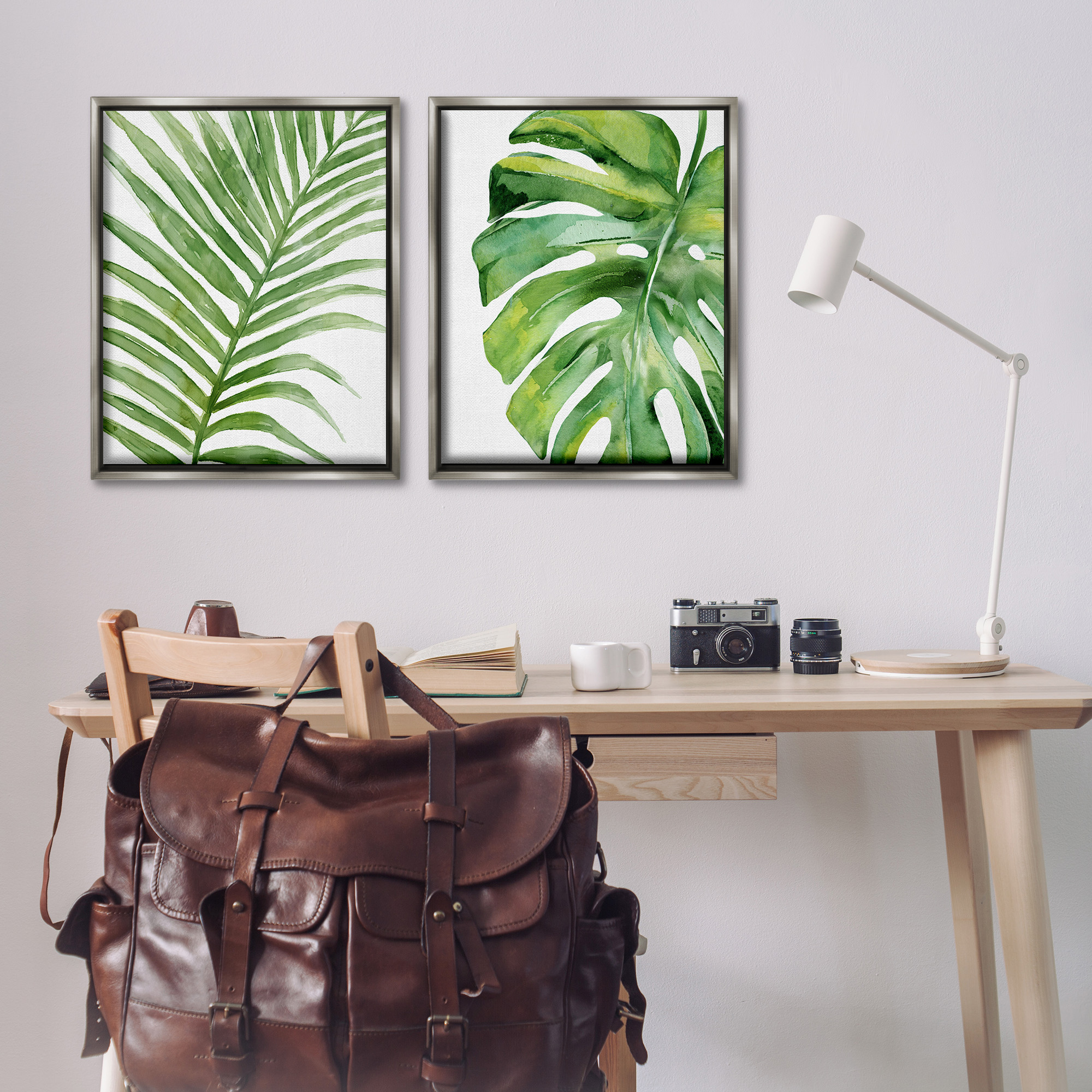 Stupell Industries Minimal Tropical Green Palms Botanical & Floral Painting Gray Floater Framed Canvas Art Print Wall Art, 25 x 31, Set of 2