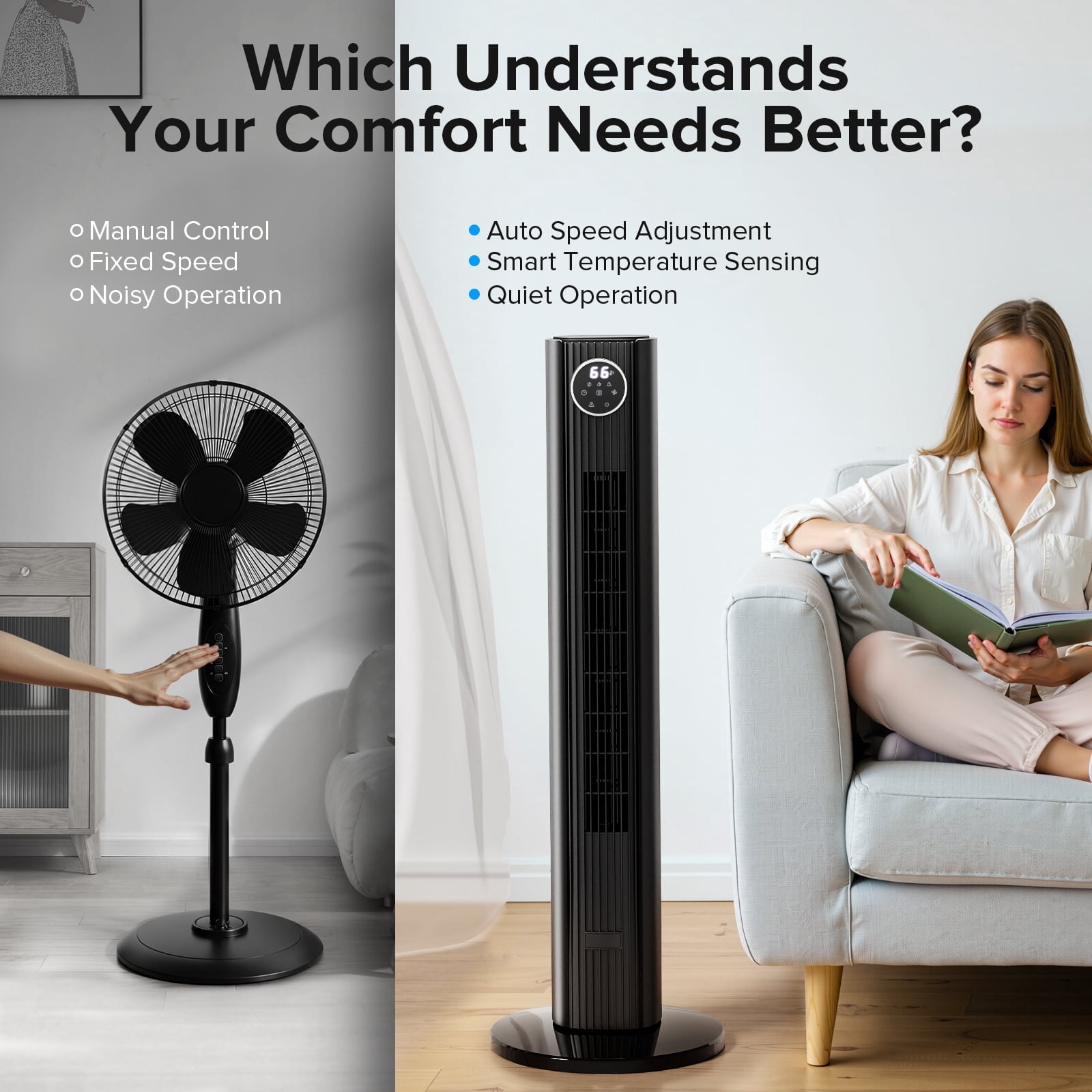Electactic 35" Bladeless Tower Fan, Quiet Oscillating Fan with Remote, 4 Modes & 3 Speeds, 12H Timer, LED Display, Safe for Kids & Pets, Ideal for Bedroom & Home (Black)
