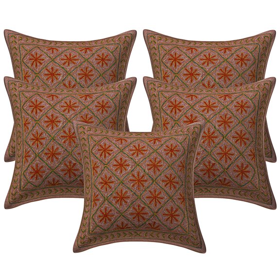 Stylo Culture Ethnic Decorative Throw Pillow Covers 16x16 Sequins Gold Zari Embroidered Brown Indian 40x40 cm Home Decor Cotton Floral Square Cushion Covers | Set Of 5