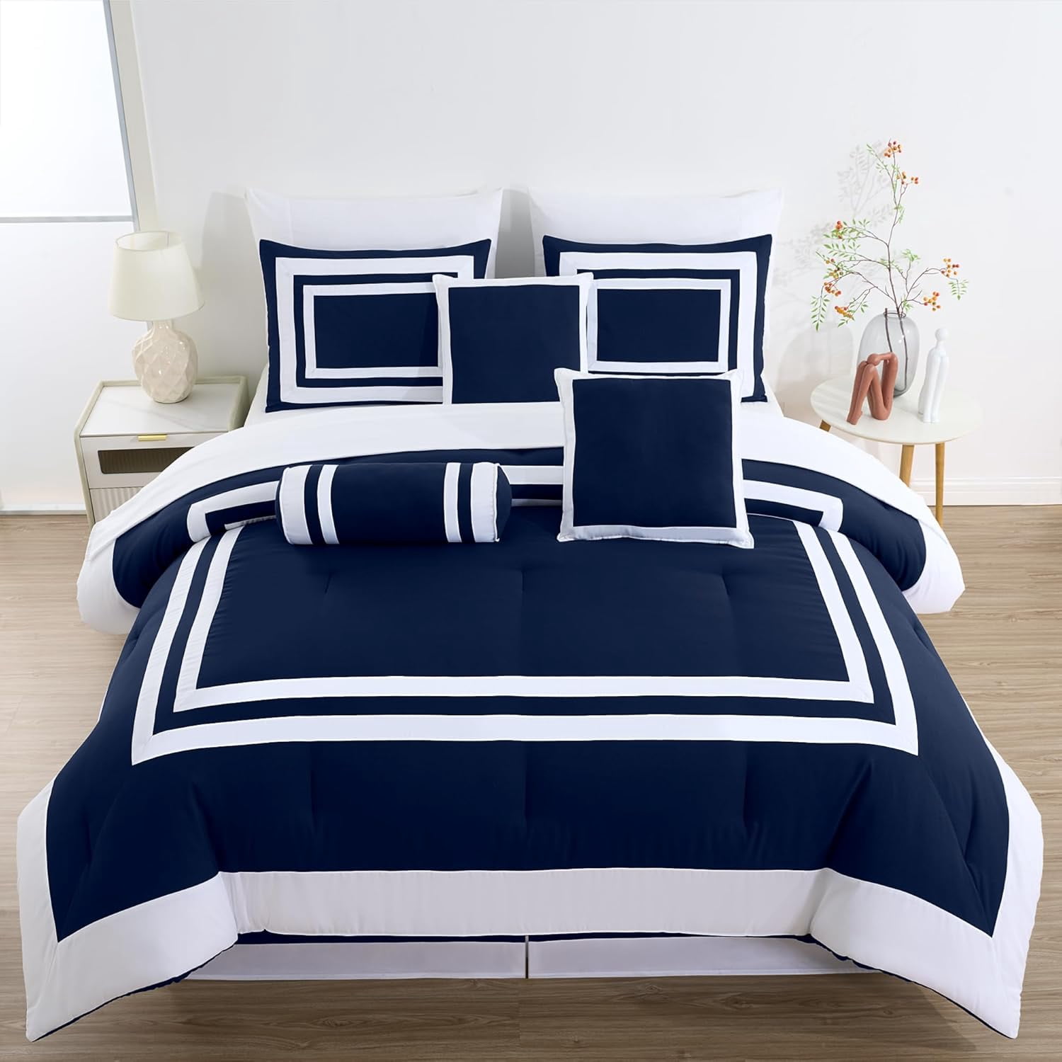Chezmoi Collection Caprice 7-Piece Hotel Style Comforter Set King Size, Navy/White Square Pattern Color Block Bedding with Decorative Pillows, Luxurious Lightweight All Season Bed Set
