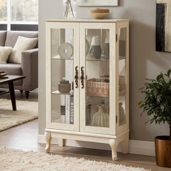 CKEASEAN 44"H Small Lighted Glass Curio Display Cabinet, 3-Tier Storage Curio Cabinet Showcase with Adjustable Shelves & Glass Doors, Wooden Cabinets with Mirrored Back Panel for Living Room, Office