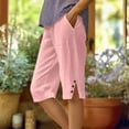 thumbnail image 2 of TQWQT Pedal Pushers for Women Bermuda Shorts Trendy Summer Elastic Waist Knee Length Work Shorts Dressy Casual Linen Capris with Pockets Pink M, 2 of 7