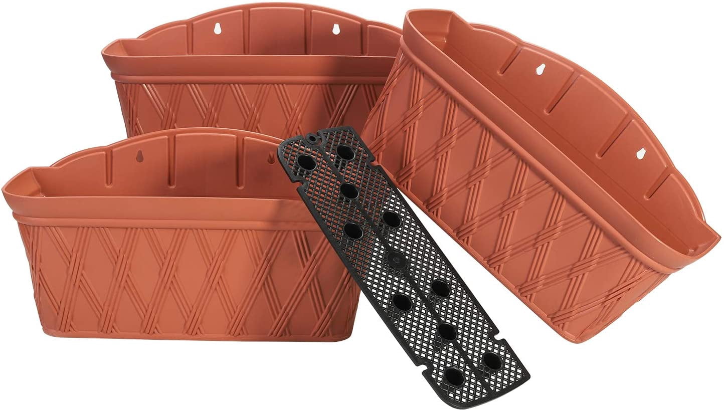 Sungmor 3 Pack Wall Hanging Planters, 16.5 Inch Railing Fence Hanging Flower Pots, Thickened Plastic Water Storage Plant Pot, Indoor Outdoor Garden Balcony Decor, Large Terracotta Color Plant Basket