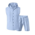 thumbnail image 4 of HBGVBA Men Summer Casual 2 Piece Solid Color Linen Pocket V-Neck Hooded Sleeveless Shirt Shorts Outfit Set, 4 of 5