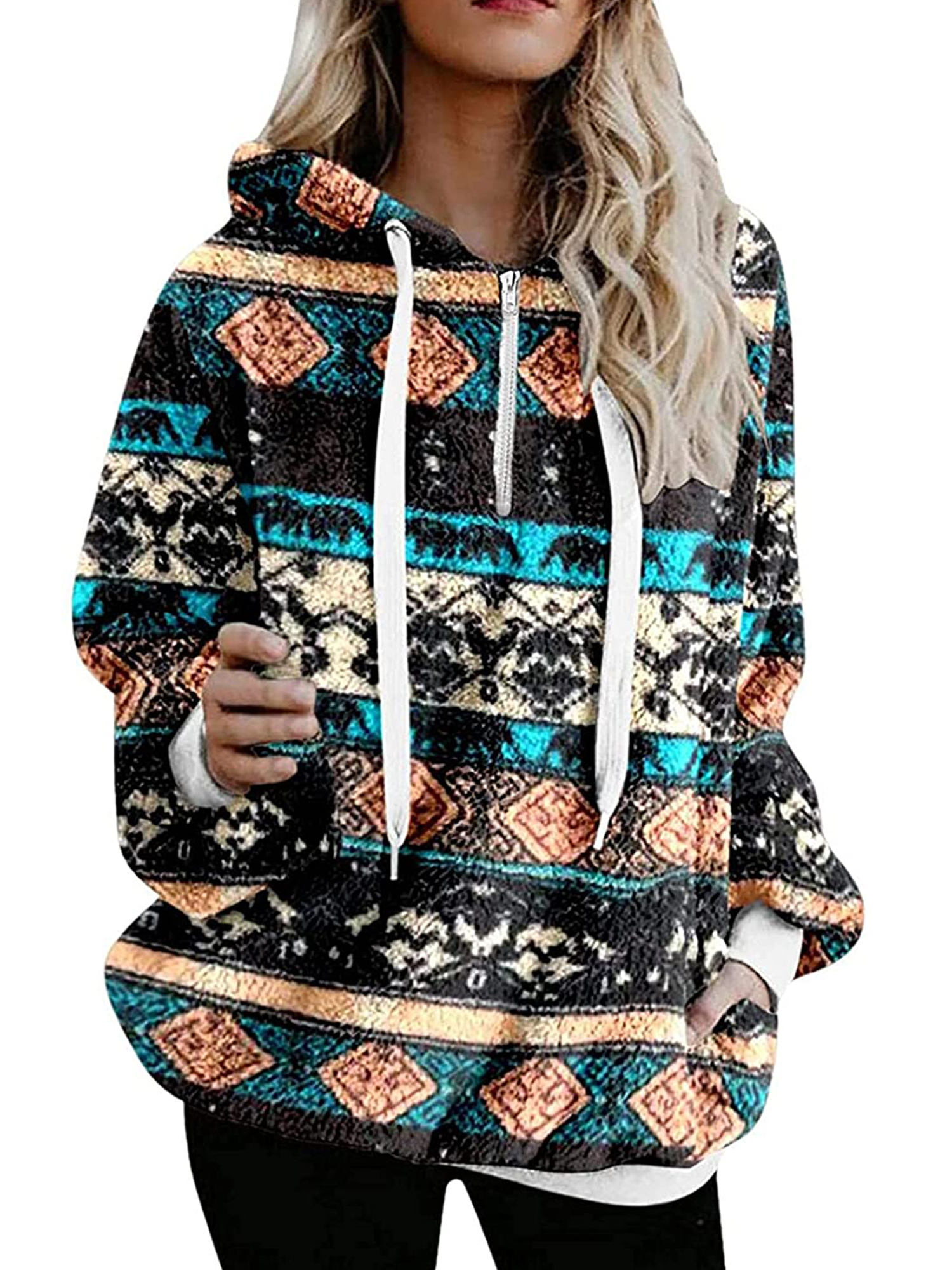 Women Aztec Print Wool Hoodie Ethnic 