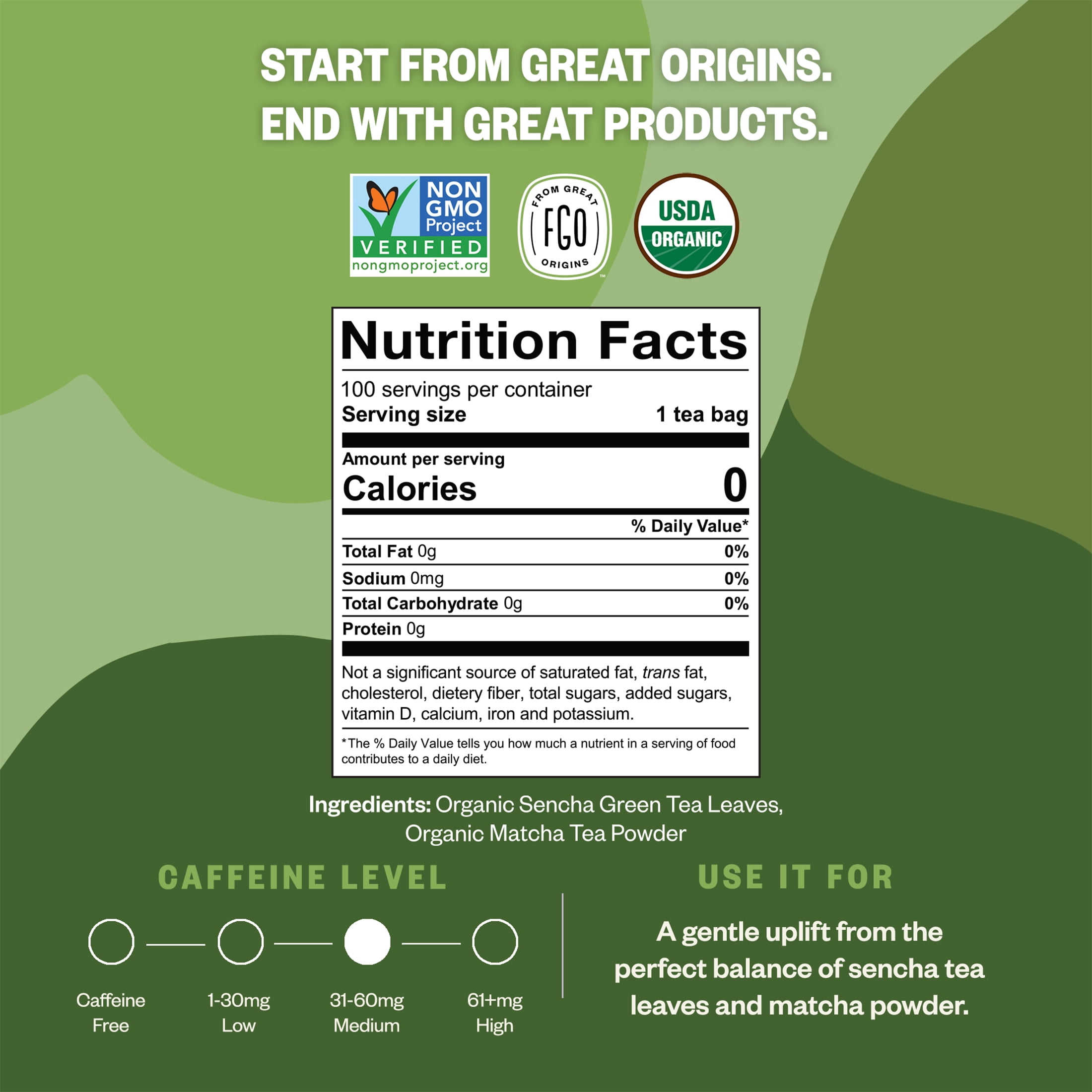 FGO Matcha + Green Tea Bags, Organic, Eco-Conscious (100 Count)
