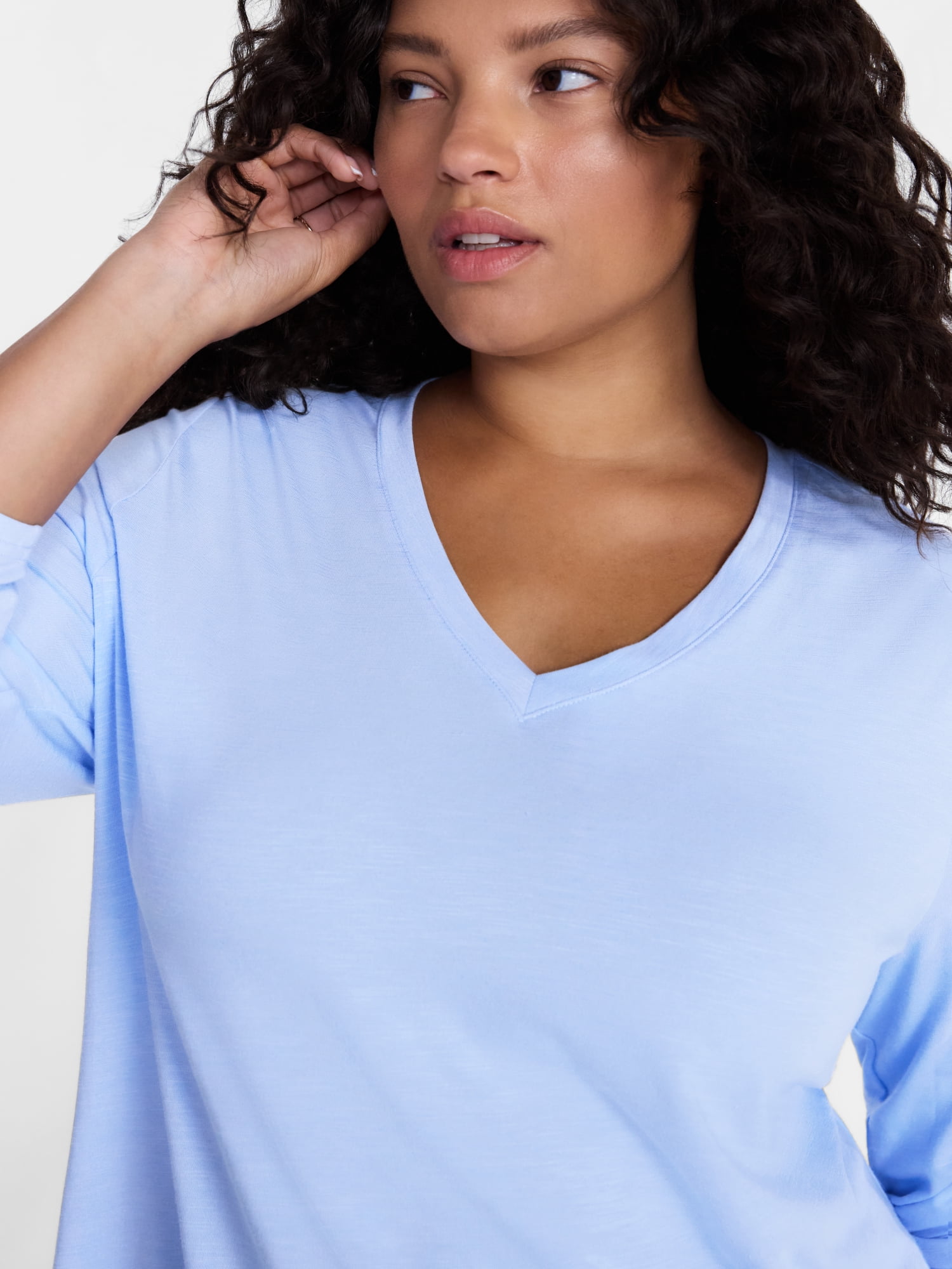 Terra & Sky Women's Plus Size V Neck Tee with Long Sleeves, Size 0X-5X