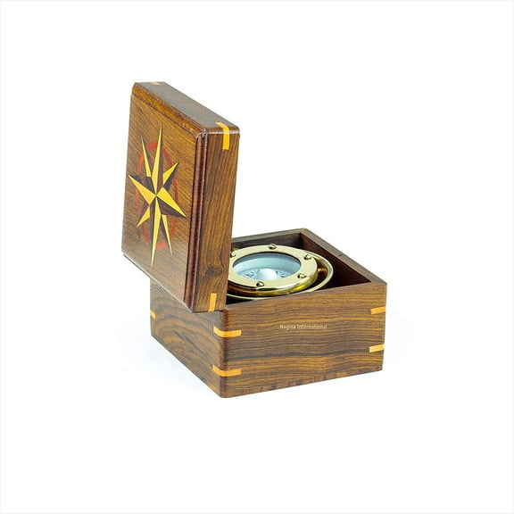 Nautical Rosewood Cased Brass Polished Gimbal Compass | Nautical Decor & Instruments | Nagina International