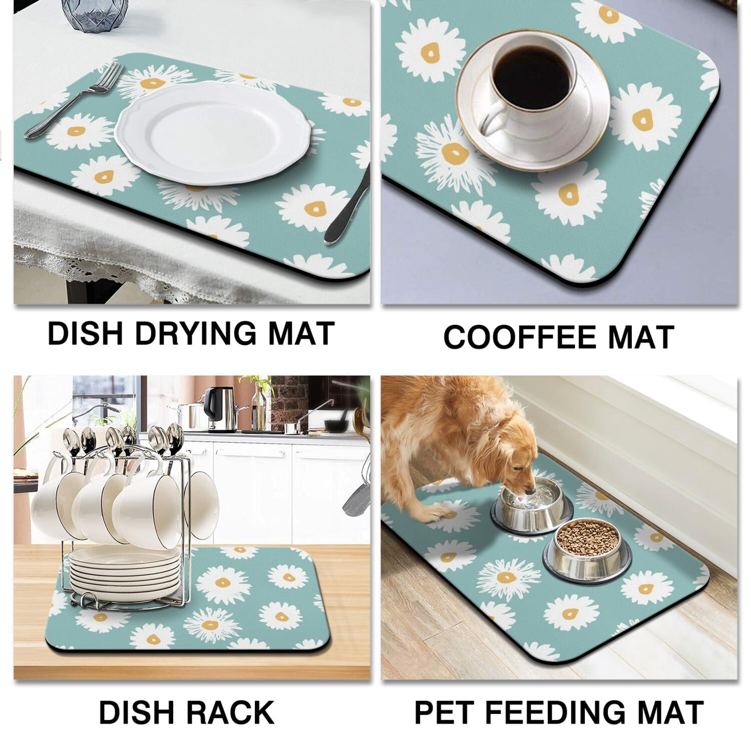 2 Pack Washable Rubber Daisy Cute Floral Dish Drying Mats for Kitchen Counter Home Large Coffee Bar Pad Accessories and Decor for Utensils Stemware (2pcs 18''x24''+19.5''x12'')