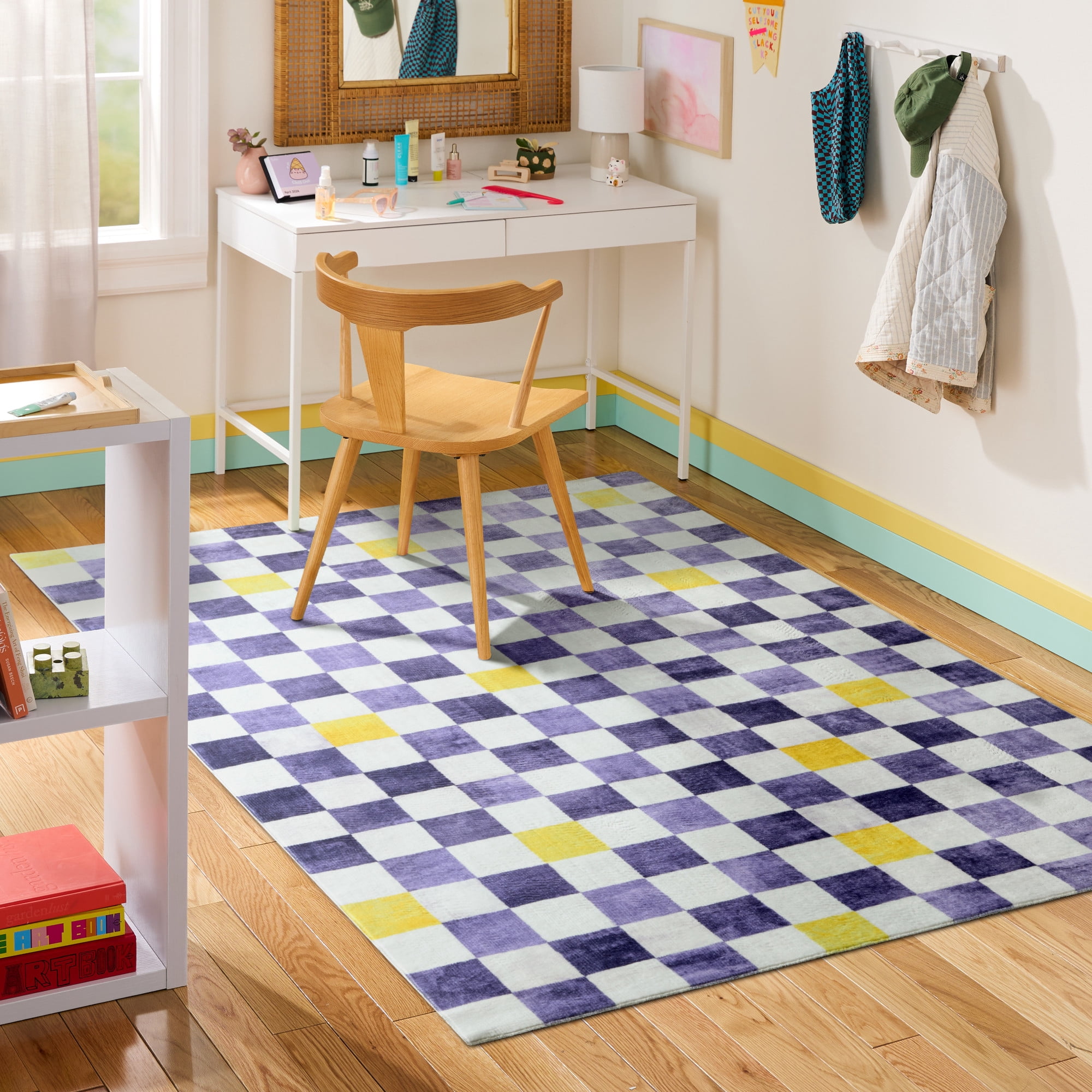 TOWN & COUNTRY PLAY Niko Checkmate Kid's Washable Area Rug, Soft & Plush, Safe Non-Slip Backing, Bedroom Rug, Dorm Decor, Playroom & Classroom Rugs, Purple/Multi, 3'3"x5'2"