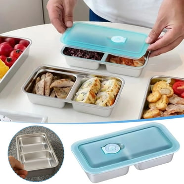 AUHomi 304 Stainless Steel Divided Plates, 2 Compartment Plates Rectangular Divided Dinner Tray Metal Dinner Plates with Lids, For Kids Adults Dishwasher Safe BPA Free, Reusable Dinnerware 7.9"×4.1“