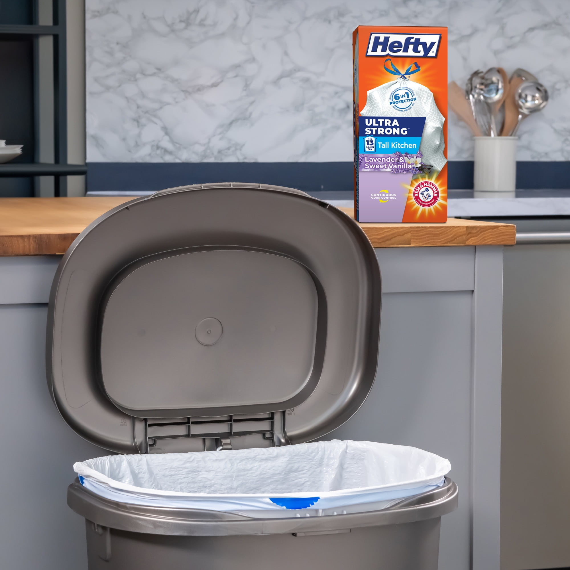 (2 pack) Hefty Ultra Strong 13 Gallon Trash Bags, Tall Kitchen Trash Bags, White, Lavender and Sweet Vanilla Scent, 40 Bags