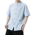 thumbnail image 1 of Camisas De Lino Para Hombre Camiseta de manga corta de algodón con cuello Retro para hombre, ropa Tang, placa con hebilla, camiseta informal de algodón transpirable Hanfu para hombre (Navy, 5XL), 1 of 6