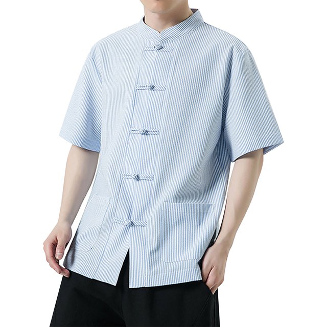 Camisas De Lino Para Hombre Camiseta de manga corta de algodón con cuello Retro para hombre, ropa Tang, placa con hebilla, camiseta informal de algodón transpirable Hanfu para hombre (Navy, 5XL)