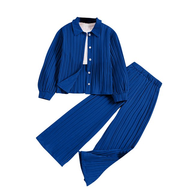 tarylea Girls Boys Clothes 2 Piece Set Button down Lapel Shirts Elastic Waist Wide Leg Pants Solid Color Casual Loose Fall Suits