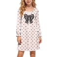 thumbnail image 2 of ATORRE Girls Bowknot Long Sleeve Dress Lightweight Cute Polka Dots Loose Crewnecke Swing Satin Dresses for Daily Fall Winter 2026 Beige 14-15 Years, 2 of 8