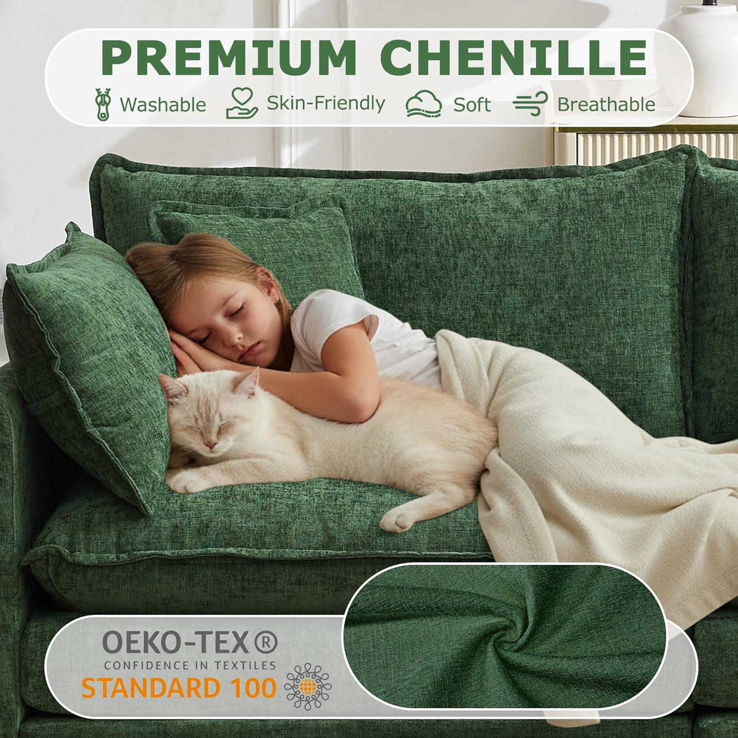Howcool 113" Modular Sectional Sofa with Movable Ottomans, U Shaped Comfy Cloud Couch, Deep Seat 3-Seat Convertible Sofa, USB Ports & Side Pockets, Chenille Fabric,Green