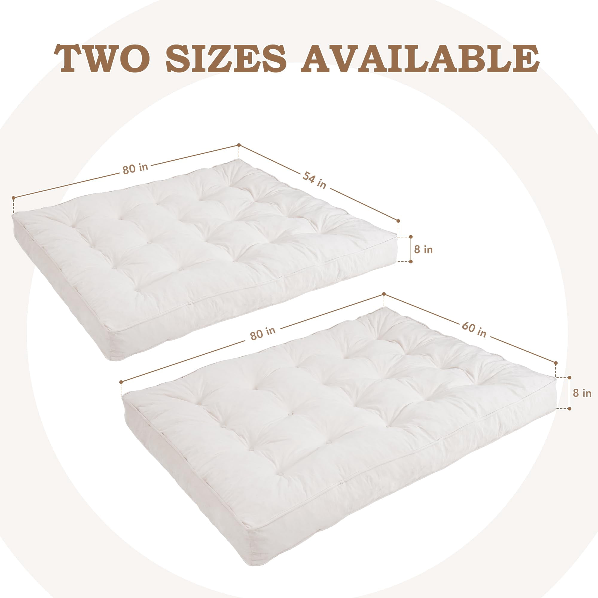 8-inch Futon Mattress Full Size, Thick Futon Sofa Couch Bed Foldable Floor Sleeping Pad for Adults, Ultra-Soft Foam Floor Bed Mattress, Portable Velvet Tatami Mat, (Frame Not Included), White