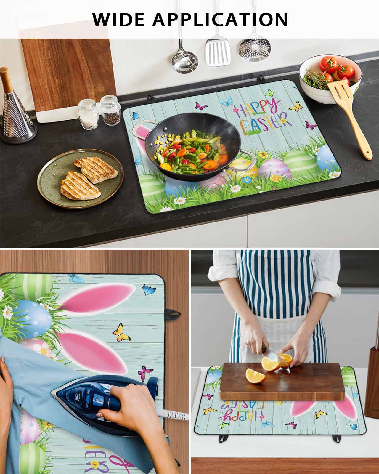 Large Induction Cooktop Protector Mat Easter Stove Top Covers for Electric Stove, Spring Easter Eggs Bunny Butterflies Wooden Grain Decorative Stove Burner Cover Mats, Glass Top Stove Cover