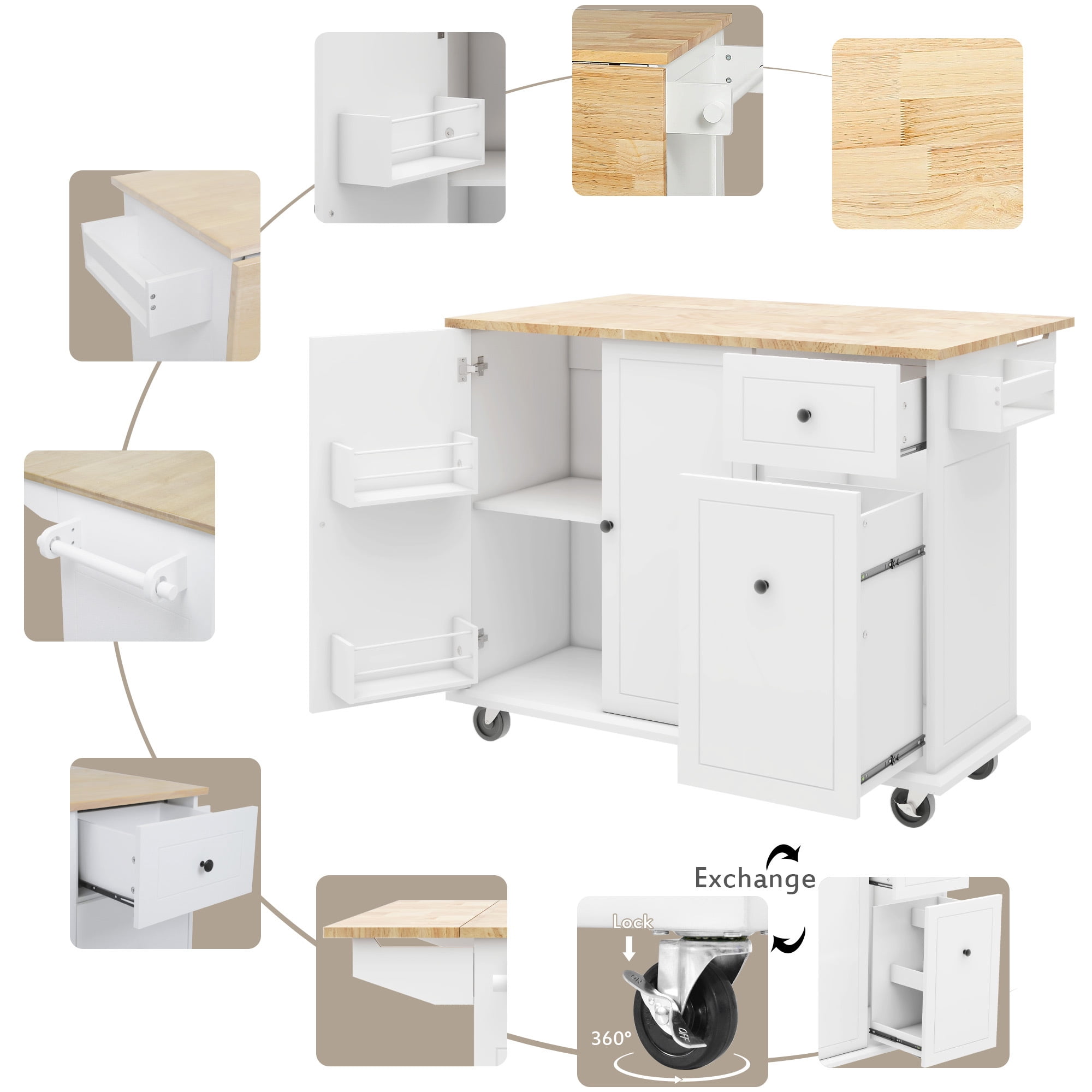 DEALTOPS Kitchen Island with Drop Leaf, 53.9" Rolling Kitchen Cart on Wheels with Storage Rack and Pull Out Cabinet Organizer-White