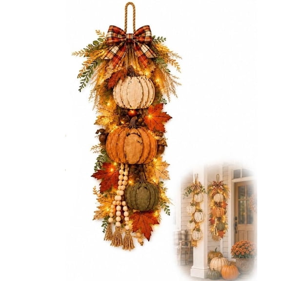 Lighted Rustic Wooden Pumpkin Door Swag, LED Warm Orange Lights Fall Harvest Wreath, Farmhouse Autumn Thanksgiving Front Door Porch Hanging Decor, Seasonal Home Gift