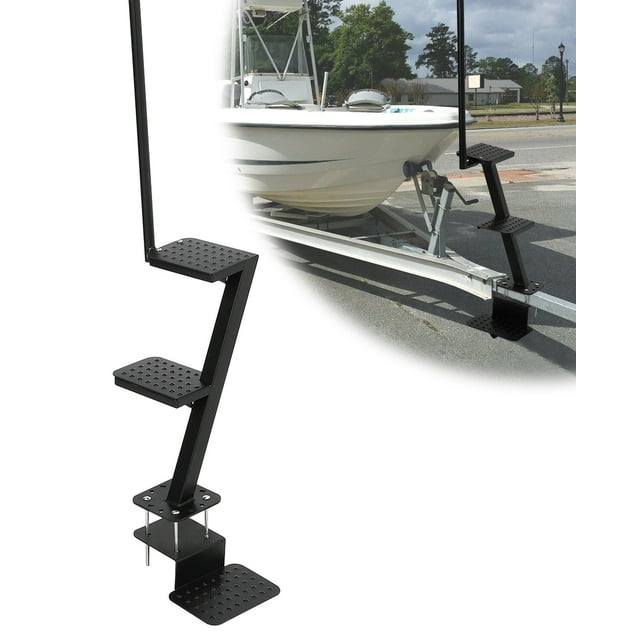 BeesClover IDEALHOUSE Boat Trailer Tongue Steps, Heavy Duty Boat Ladder with Handrail, Universal Fit for Bass Boat Pontoon Trailer, Non-Slip Safety Access Step, Adjustable Bracket, 400 LB Capacity