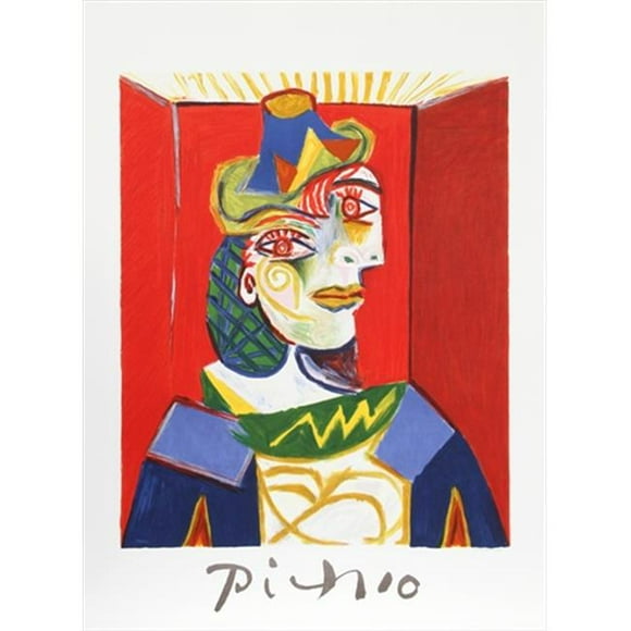 Pablo Picasso 47595 Buste de Femme- Lithographie sur Papier 29 Po x 22 Po - Rouge- Bleu- Vert- Jaune