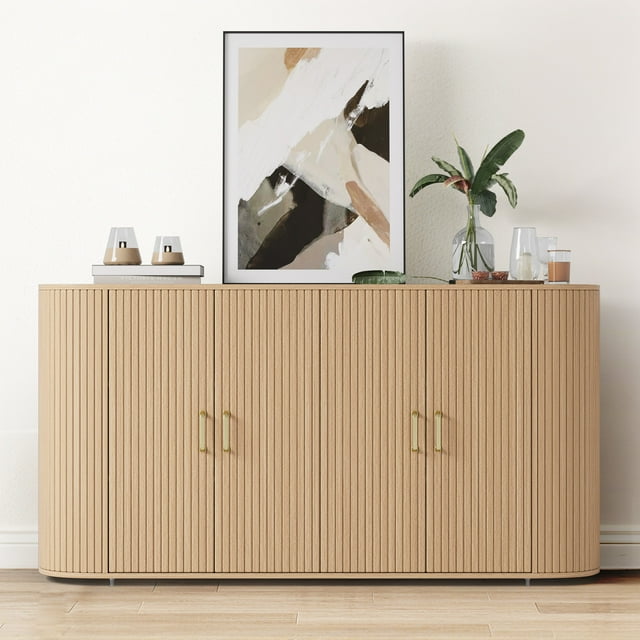 Modern Large Storage Sideboard Buffet Cabinet – 63" Curved Wooden Design, 4 Fold Doors, Spacious Console for Dining Room, Kitchen, Living Room, Bedroom, Oak Finish
