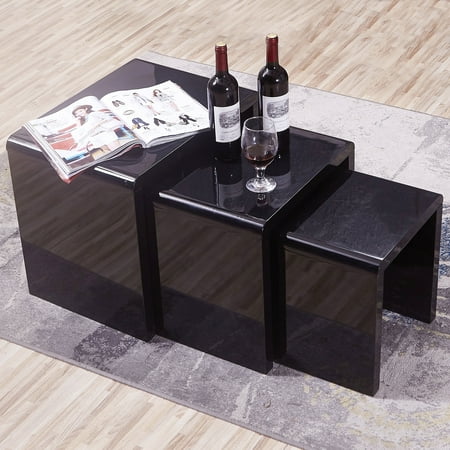 Modern Nest Of 3 Black Coffee Table Side End High Gloss Living Modern Nest Of 3 Black Coffee Table Side End High Gloss Living Room