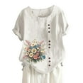 thumbnail image 3 of Women's Summer Comfort Linen Round Neck Short Sleeve With Button Flower Print T Shirt Top Women Casual Tee T Shirt Neck Women Shirt Set Women Swim Tee Long Sleeve T Shirt Tee Loose Fit Top Women, 3 of 3