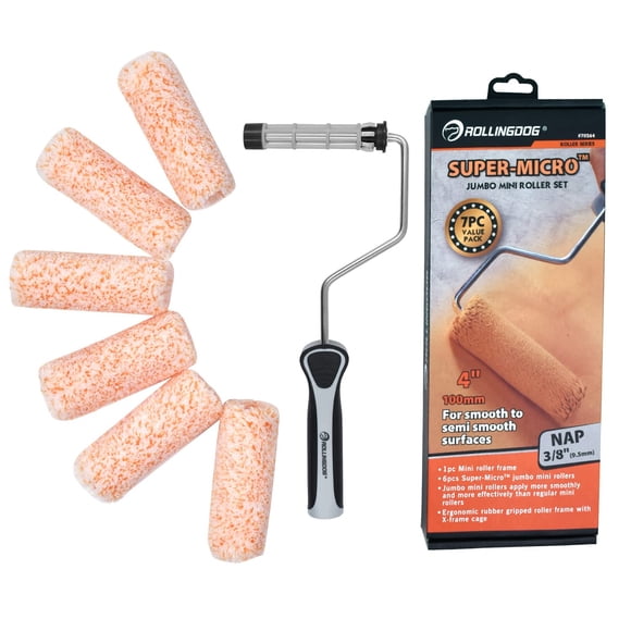 ROLLINGDOG 4 Inch Paint Rollers - Mini Roller Frame with 6PC Microfiber Small Roller Covers with 3/8� Nap for Walls,Cabinets,Furniture Painting
