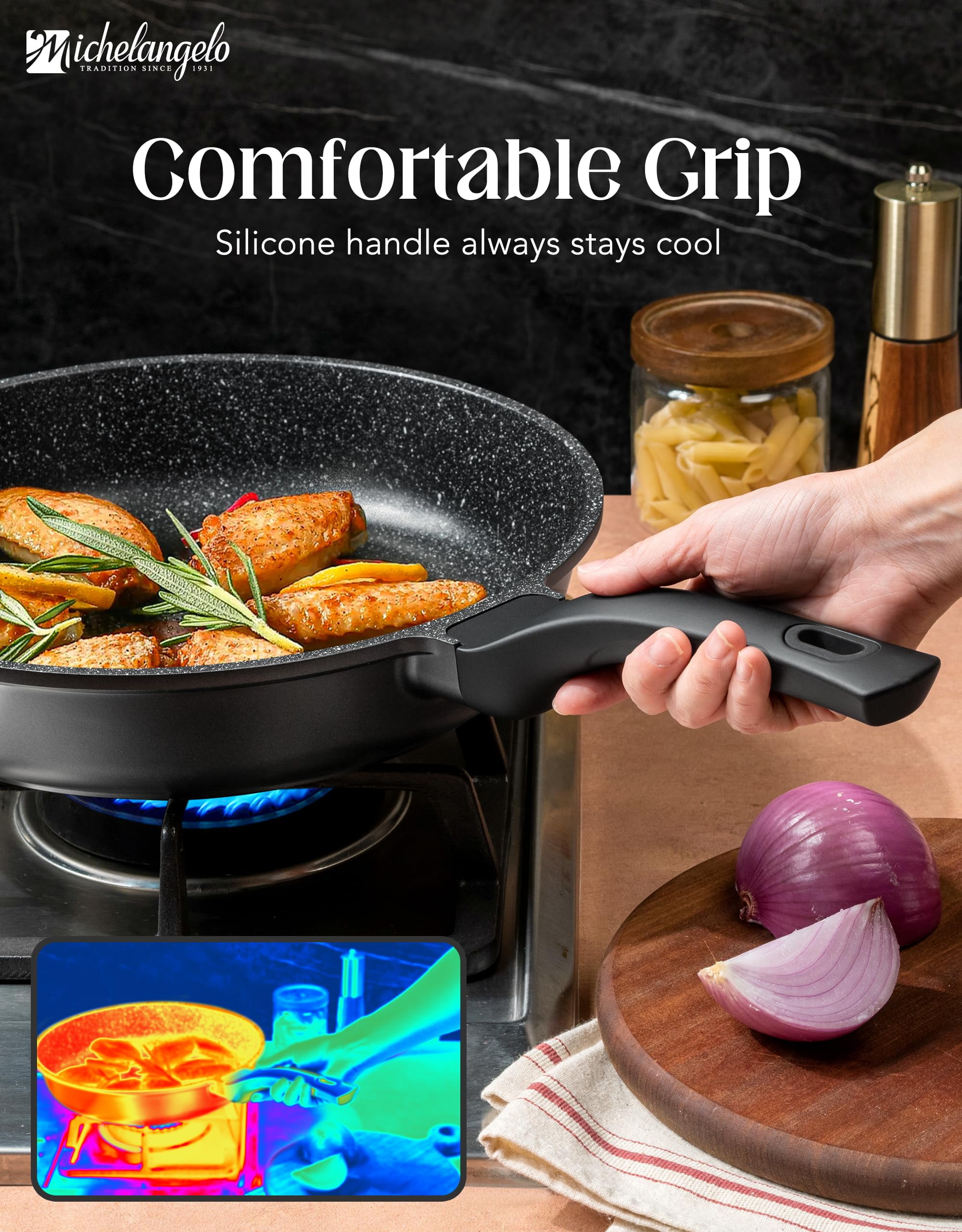 MICHELANGELO Frying Pans Nonstick - Large Non Stick Frying Pan 12 Inch | Ease of Cleaning, All Stovetops Compatible, Built to Last, Stay-Cool Handle