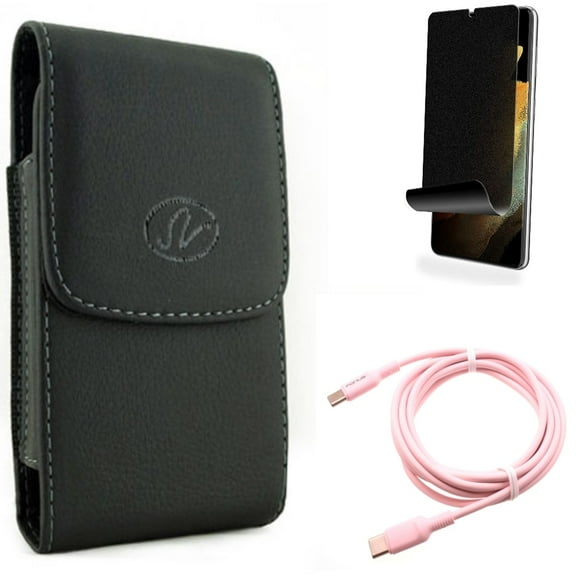 Privacy Screen Protector & Pink 10ft Long Cable & Case Belt Clip for Samsung Galaxy S22 Plus (S22 ) - Combo TPU Film (Fingerprint) Anti-Peep & USB-C to Type-C PD Fast Charger Cord & Leather Holster