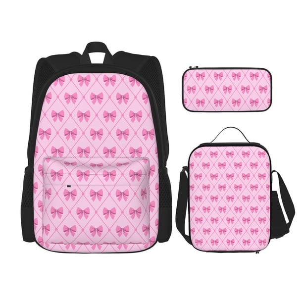 Easygdp Pink bows Mochila para Niños y Niñas con Set de Caja de Almuerzo y Estuche para Lápices 3 en 1, Mochila Escolar Estampada para Adolescentes