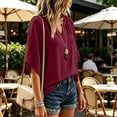 thumbnail image 7 of hoksml Women Raglan Gathered Notch V Neck Dolman Half Sleeve Blouse Cotton Linen Crinkle Loose Curved Hem Casual Top for Daily Vacation, 7 of 7